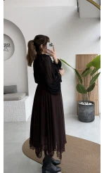 Arya Dantel Detay Asimetrik Kesim Şifon Etek - Kahverengi - Kod: 5050