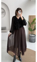 Arya Dantel Detay Asimetrik Kesim Şifon Etek - Kahverengi - Kod: 5050