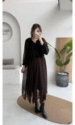 Arya Dantel Detay Asimetrik Kesim Şifon Etek - Kahverengi - Kod: 5050