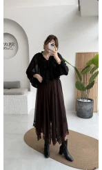 Arya Dantel Detay Asimetrik Kesim Şifon Etek - Kahverengi - Kod: 5050