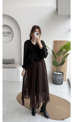 Arya Dantel Detay Asimetrik Kesim Şifon Etek - Kahverengi - Kod: 5050