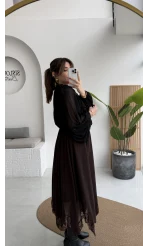 Arya Dantel Detay Asimetrik Kesim Şifon Etek - Kahverengi - Kod: 5050