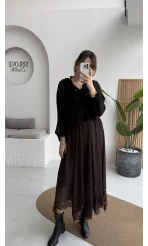 Arya Dantel Detay Asimetrik Kesim Şifon Etek - Kahverengi - Kod: 5050