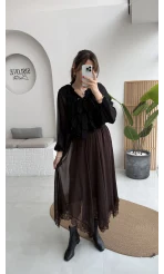 Arya Dantel Detay Asimetrik Kesim Şifon Etek - Kahverengi - Kod: 5050