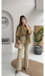 Pileli Palazzo Dökümlü Kumaş Pantolon - Ada Çayı Yeşil - Kod: 51078