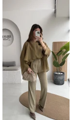 Pileli Palazzo Dökümlü Kumaş Pantolon - Ada Çayı Yeşil - Kod: 51078