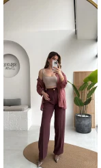 Pileli Palazzo Dökümlü Kumaş Pantolon - Gül Kurusu - Kod: 51078