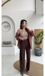 Pileli Palazzo Dökümlü Kumaş Pantolon - Gül Kurusu - Kod: 51078