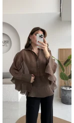 Polo Yaka Fırfırlı Bluz - Kahve - Kod: 5031