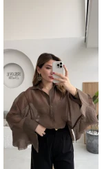 Polo Yaka Fırfırlı Bluz - Kahve - Kod: 5031