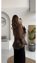 Polo Yaka Fırfırlı Bluz - Kahve - Kod: 5031