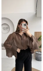 Polo Yaka Fırfırlı Bluz - Kahve - Kod: 5031