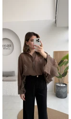 Polo Yaka Fırfırlı Bluz - Kahve - Kod: 5031