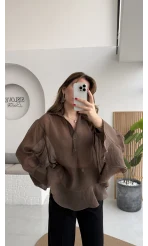 Polo Yaka Fırfırlı Bluz - Kahve - Kod: 5031