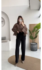 Pileli Palazzo Dökümlü Kumaş Pantolon - Siyah - Kod: 51078