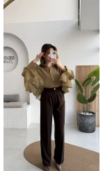 Pileli Palazzo Dökümlü Kumaş Pantolon - Kahve - Kod: 51078