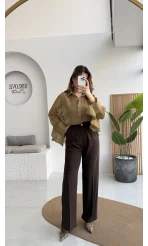 Pileli Palazzo Dökümlü Kumaş Pantolon - Kahve - Kod: 51078