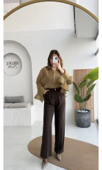 Pileli Palazzo Dökümlü Kumaş Pantolon - Kahve - Kod: 51078