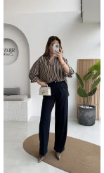 Pileli Palazzo Dökümlü Kumaş Pantolon - Lacivert - Kod: 51078