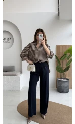 Pileli Palazzo Dökümlü Kumaş Pantolon - Lacivert - Kod: 51078