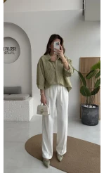 Pileli Palazzo Dökümlü Kumaş Pantolon - Beyaz - Kod: 51078