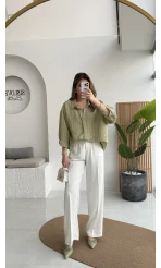 Pileli Palazzo Dökümlü Kumaş Pantolon - Beyaz - Kod: 51078