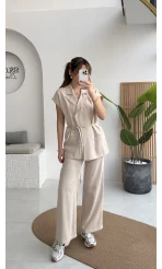 İp Bağlamalı Yelek Pantolon Takım - Taş - Kod: 8021 4041