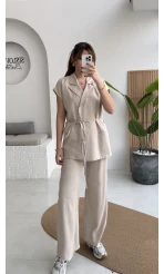 İp Bağlamalı Yelek Pantolon Takım - Taş - Kod: 8021 4041