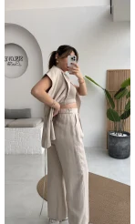 İp Bağlamalı Yelek Pantolon Takım - Taş - Kod: 8021 4041