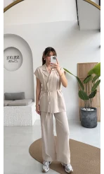 İp Bağlamalı Yelek Pantolon Takım - Taş - Kod: 8021 4041