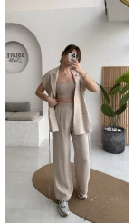 İp Bağlamalı Yelek Pantolon Takım - Taş - Kod: 8021 4041