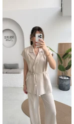 İp Bağlamalı Yelek Pantolon Takım - Taş - Kod: 8021 4041