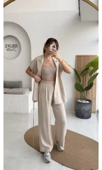 İp Bağlamalı Yelek Pantolon Takım - Taş - Kod: 8021 4041