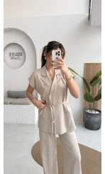 İp Bağlamalı Yelek Pantolon Takım - Taş - Kod: 8021 4041