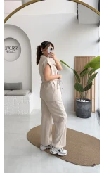 İp Bağlamalı Yelek Pantolon Takım - Taş - Kod: 8021 4041