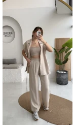 İp Bağlamalı Yelek Pantolon Takım - Taş - Kod: 8021 4041