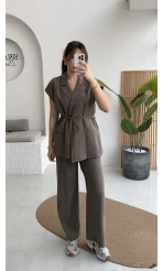 İp Bağlamalı Yelek Pantolon Takım - Haki - Kod: 8021 4041