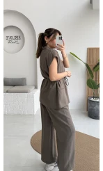 İp Bağlamalı Yelek Pantolon Takım - Haki - Kod: 8021 4041