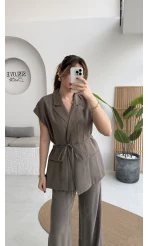 İp Bağlamalı Yelek Pantolon Takım - Haki - Kod: 8021 4041