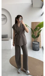 İp Bağlamalı Yelek Pantolon Takım - Haki - Kod: 8021 4041