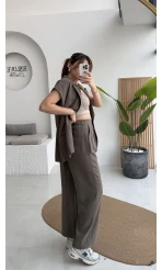 İp Bağlamalı Yelek Pantolon Takım - Haki - Kod: 8021 4041