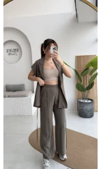 İp Bağlamalı Yelek Pantolon Takım - Haki - Kod: 8021 4041