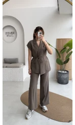 İp Bağlamalı Yelek Pantolon Takım - Haki - Kod: 8021 4041