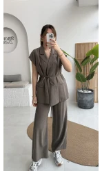 İp Bağlamalı Yelek Pantolon Takım - Haki - Kod: 8021 4041