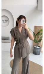 İp Bağlamalı Yelek Pantolon Takım - Haki - Kod: 8021 4041