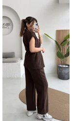İp Bağlamalı Yelek Pantolon Takım - Kahverengi - Kod: 8021 4041