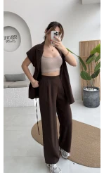 İp Bağlamalı Yelek Pantolon Takım - Kahverengi - Kod: 8021 4041
