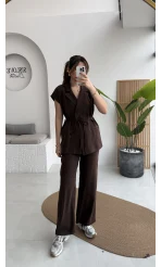 İp Bağlamalı Yelek Pantolon Takım - Kahverengi - Kod: 8021 4041