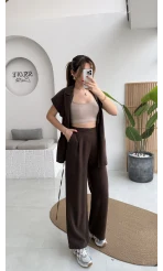 İp Bağlamalı Yelek Pantolon Takım - Kahverengi - Kod: 8021 4041