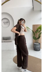 İp Bağlamalı Yelek Pantolon Takım - Kahverengi - Kod: 8021 4041